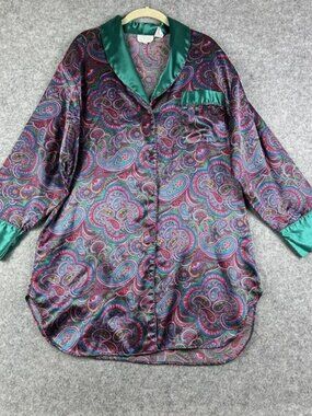 VTG Go Softly Satin Sleep Shirt Womens Medium Purple Green Floral Paisley Button